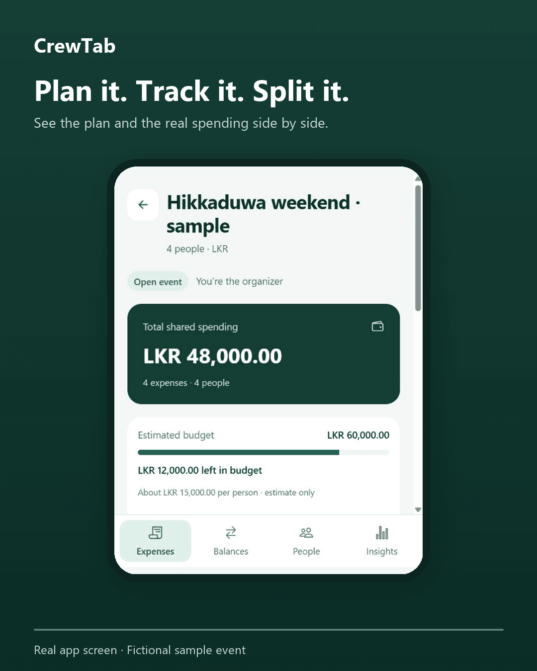 CrewTab Hikkaduwa sample event showing LKR 48,000 spent against a planned LKR 60,000 budget.